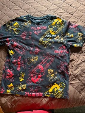 Astr Black Tee with Red & Yellow Cartoon Allover Print